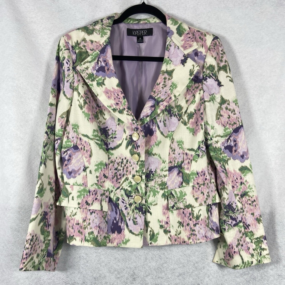 Kasper Jacket Women's 12 White Purple Blazer Long‎ Sleeves Floral Church Career